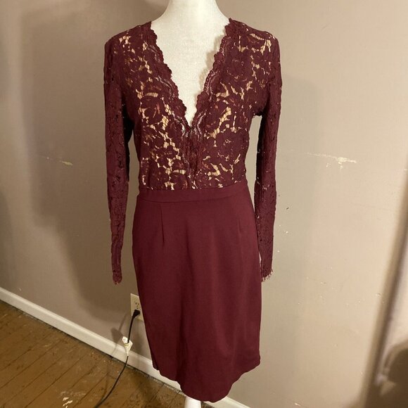 Lulus Midi Dress Burgundy Long Sleeve Lace Overlay Stretch Deep V Neck Sz XL - Picture 1 of 12